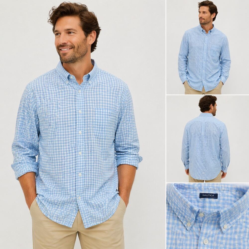 Nautica Light Blue Gingham Button Down Shirt Mens XL Classic Preppy